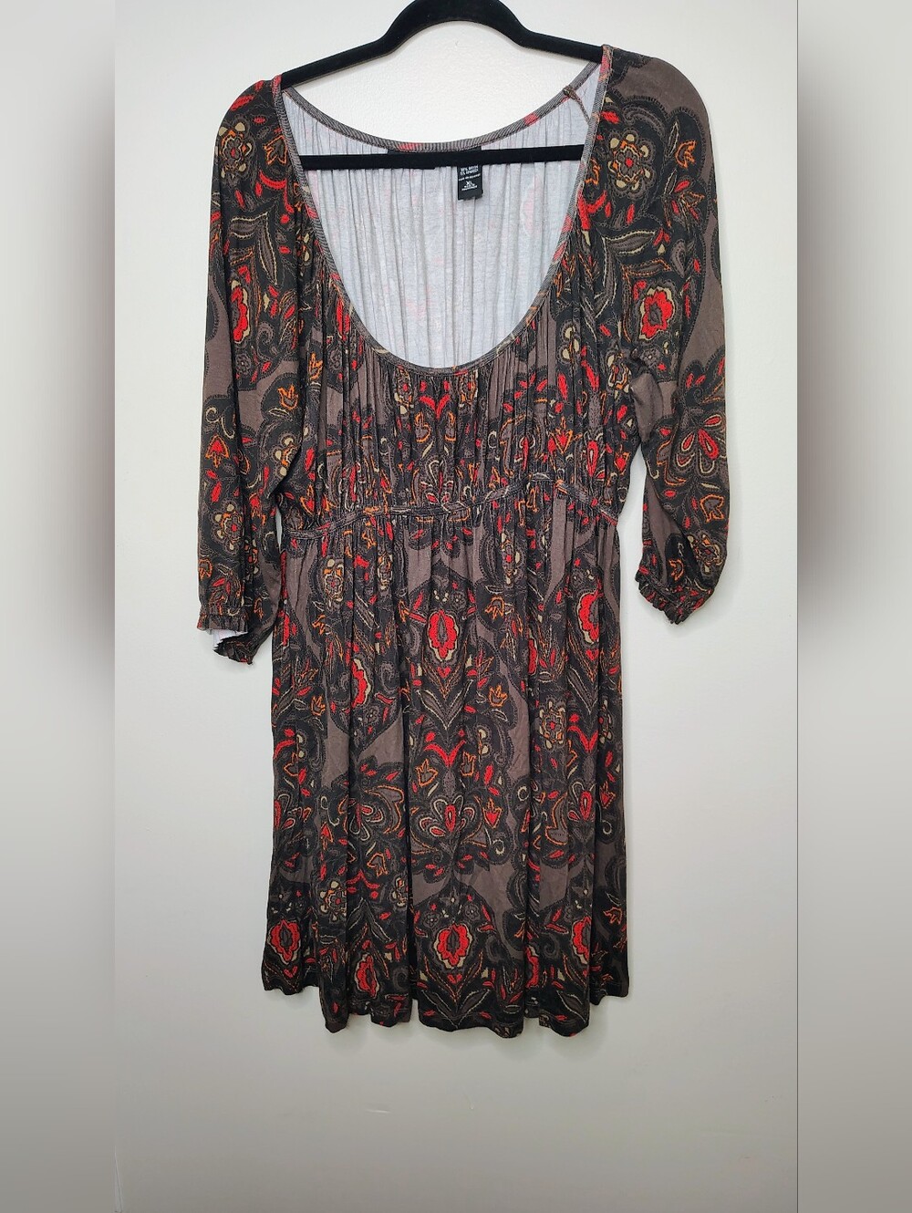 New York & Company XL Boho Paisley Peasant Dress Rayon Stretch 3/4 Sleeve